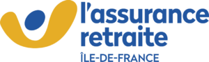 Logo de l’Assurance retraite Île-de-France avec symbole jaune et bleu et texte en bleu.