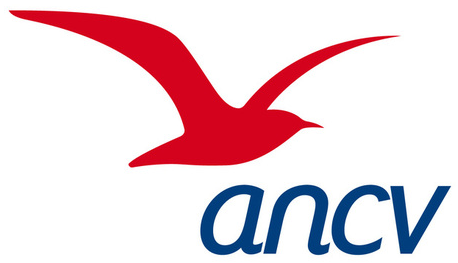 Logo de l’ANCV avec une mouette rouge stylisée et les lettres « ancv » en bleu.