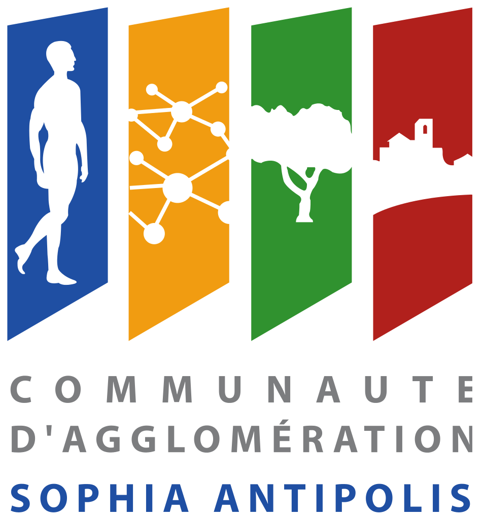 Logo de la Communauté d’agglomération Sophia Antipolis avec quatre bandes colorées représentant un homme, des molécules, un arbre et un village.