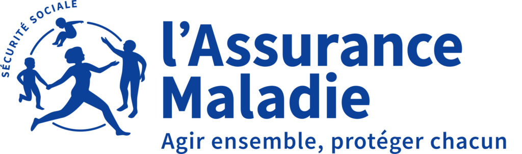 Logo de l’Assurance Maladie avec silhouettes bleues, texte et slogan « Agir ensemble, protéger chacun ».