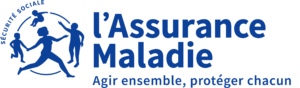 Logo de l’Assurance Maladie avec silhouettes bleues, texte et slogan « Agir ensemble, protéger chacun ».