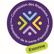 Logo de la Commission des financeurs de la prévention de la perte d'autonomie de l'Essonne, représentant quatre silhouettes humaines stylisées de couleurs différentes réunies en cercle, sur fond violet.