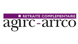 Logo Agirc-Arrco avec bande violette "Retraite complémentaire" et texte en noir.