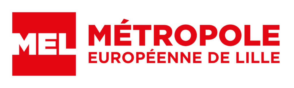 Logo rouge de la MEL – Métropole Européenne de Lille, avec les initiales à gauche et le nom complet à droite.