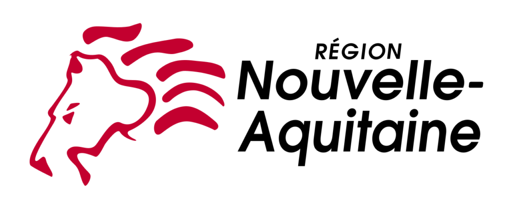 Logotype de la Région Nouvelle-Aquitaine, représenté par un profil stylisé tracé en rouge évoquant un visage tourné vers la gauche, prolongé par des lignes dynamiques figurant une chevelure ou un mouvement.