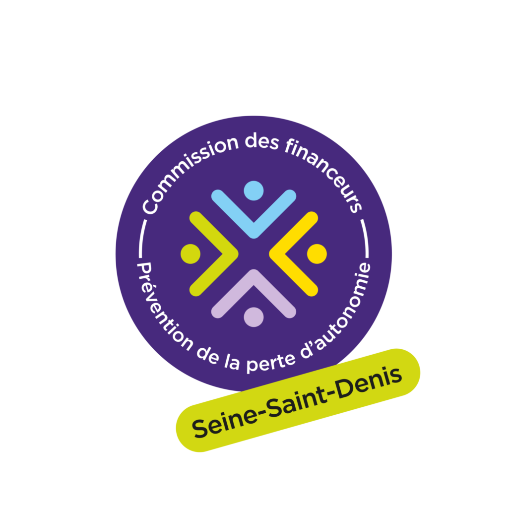 Logo circulaire violet de la Commission des financeurs avec figures stylisées colorées et mention Seine-Saint-Denis.