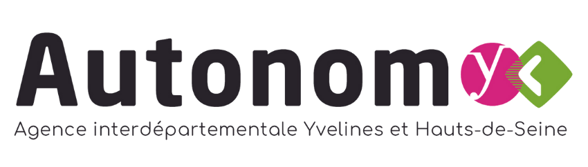 Logo AutonomYx, agence interdépartementale Yvelines et Hauts-de-Seine, composé du mot « Autonom » en lettres noires suivi des lettres « Y » et « x » intégrées dans des pastilles colorées rose et vert.