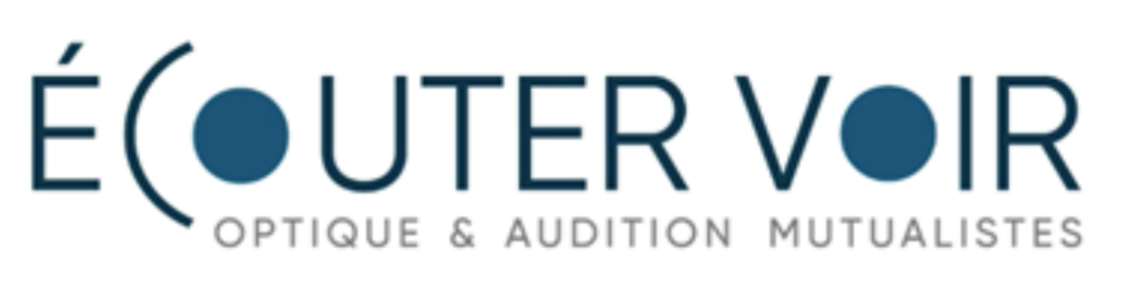 Logo d’Écouter Voir avec typographie moderne et bulles bleues stylisées, accompagné de la mention « Optique & Audition Mutualistes ».