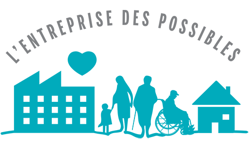 Logo de L’Entreprise des Possibles avec silhouette de montagnes grises et nom turquoise.