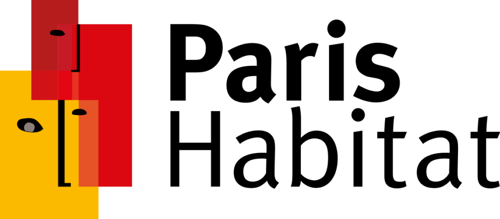 Logo de Paris Habitat avec des formes géométriques stylisées représentant des visages et la mention "vivre ensemble la ville".