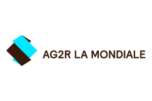 Logo AG2R LA MONDIALE avec losange bleu et marron, suivi du nom en capitales.