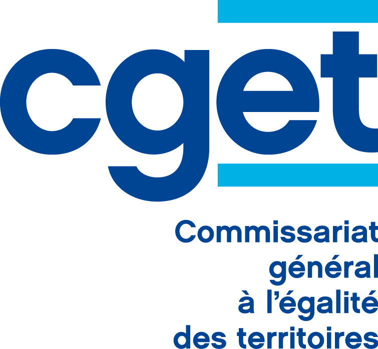 Logo du CGET avec le sigle écrit en bleu sur plusieurs lignes, accompagné de barres horizontales bleues claires.