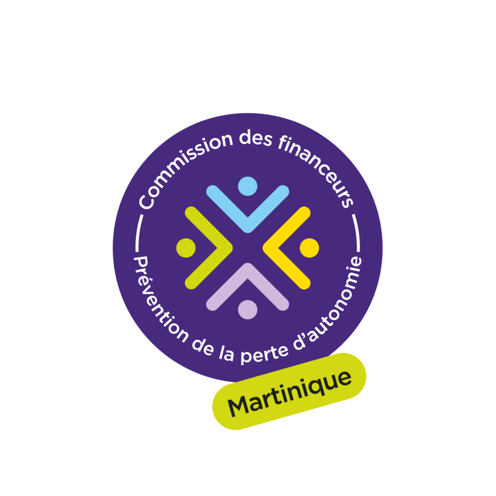 Logo de la Commission des financeurs de la prévention de la perte d'autonomie en Martinique, représentant quatre silhouettes humaines stylisées de couleurs différentes réunies en cercle, sur fond violet.