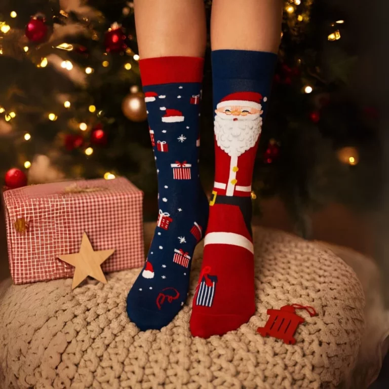 Paire de chaussettes de Noël colorées, l’une décorée de motifs cadeaux et sapins, l’autre représentant un Père Noël, portées devant un sapin illuminé avec un cadeau emballé et des décorations festives.