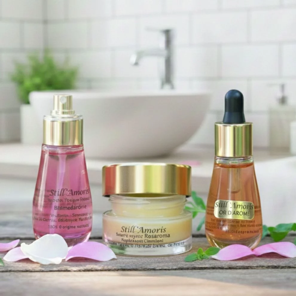 Coffret de soins beauté Stil’Amoris comprenant sérum, huile et crème, présenté dans une salle de bain lumineuse avec des pétales de fleurs.