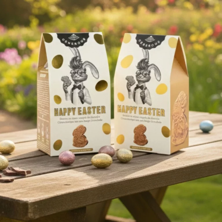 Deux boîtes de biscuits de Pâques avec illustration de lapin et œufs décoratifs posées sur une table en bois dans un jardin.