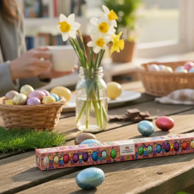 Boîte longue de chocolats de Pâques entourée d’œufs colorés sur une table avec des jonquilles et des paniers.