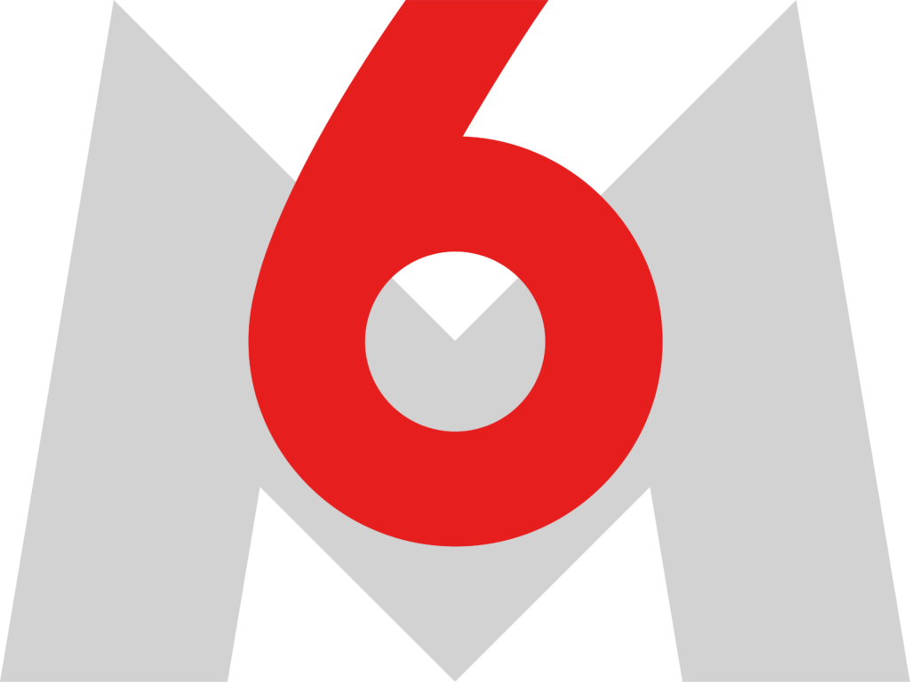 Logo de la chaîne de télévision M6, un M gris stylisé encadrant un 6 rouge sur fond blanc.