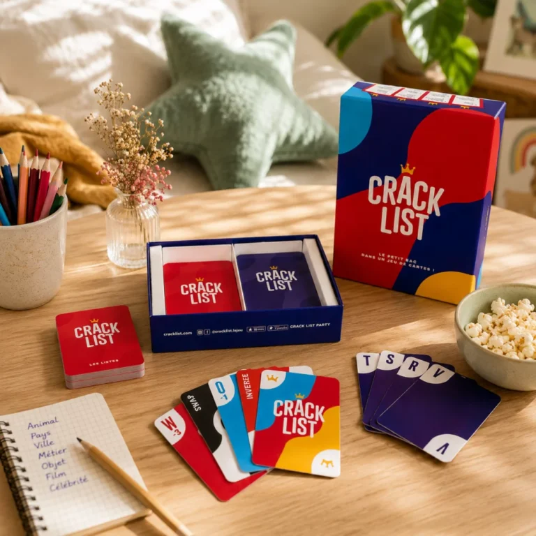 Jeu de cartes Crack List, sous forme de petit bac, avec sa boîte et ses cartes rouges, bleues et violettes étalées sur une table basse en bois, dans un salon.