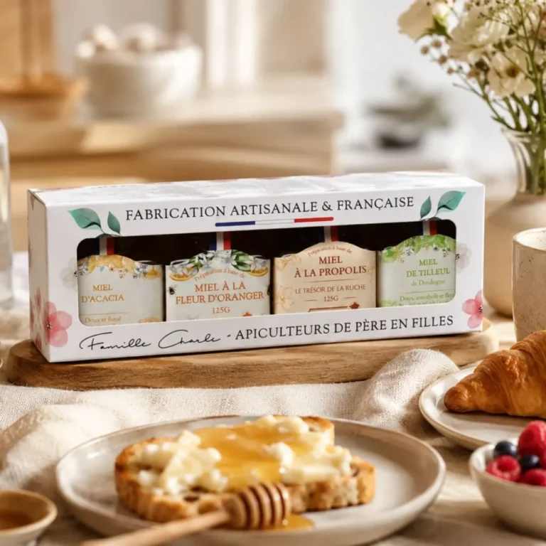 Coffret de 4 pots de miel de la Famille Charle, acacia, fleur d'oranger, propolis et tilleul, présenté sur une table de petit-déjeuner avec tartine et croissant.