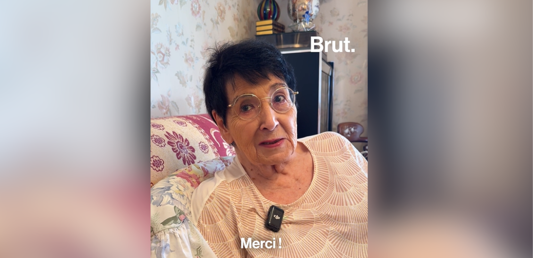 Capture d’écran de la vidéo Brut : France, 91 ans, assise chez elle, regarde la caméra pendant son interview.