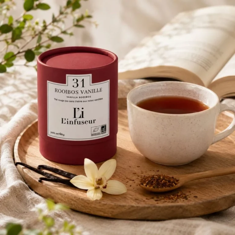 Boîte de thé rouge bio rooibos vanille de la marque L'infuseur, posée sur un plateau en bois à côté d'une tasse infusée, de gousses de vanille et d'une fleur de vanillier.