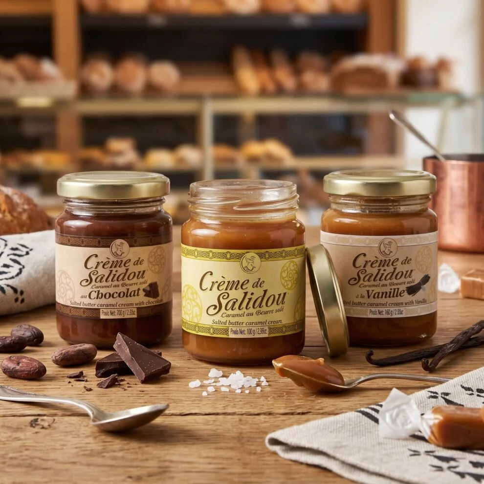 Trois pots de Crème de Salidou, caramel au beurre salé, déclinés en chocolat, nature et vanille, posés sur une table en bois dans une boulangerie.